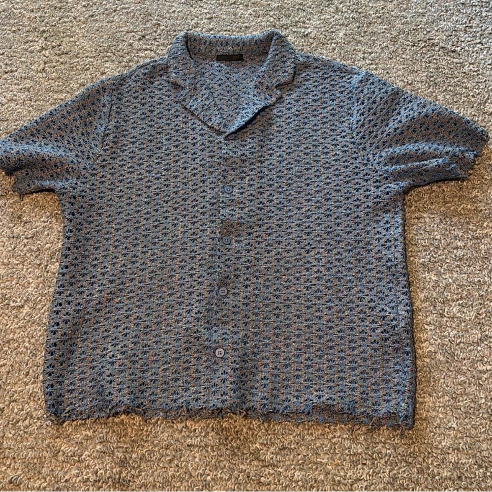 Men's Blue Textured Short Sleeve Shirt